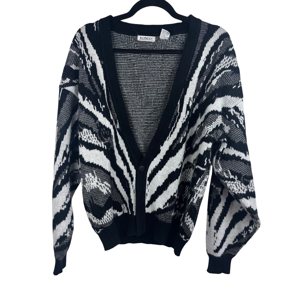 Koman Black White Zebra Print Button Up Knit Grandpa Cardigan Women's Large